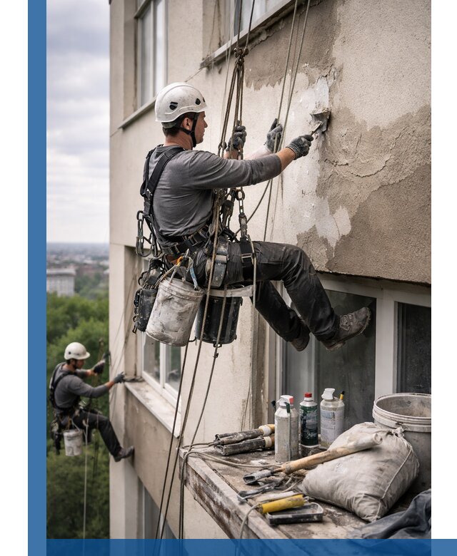 Косметический ремонт фасада зданий в Минеральных Воде промышленными альпинистами