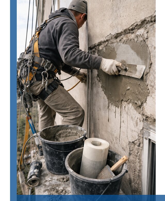 Ремонт бетонных элементов фасада промышленными альпинистами в Минеральных Воде