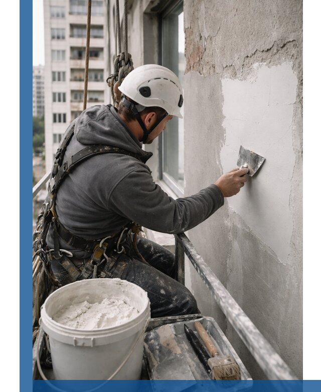 Шпаклевка фасадов на высоте с промальпинистами в Минеральных Воде