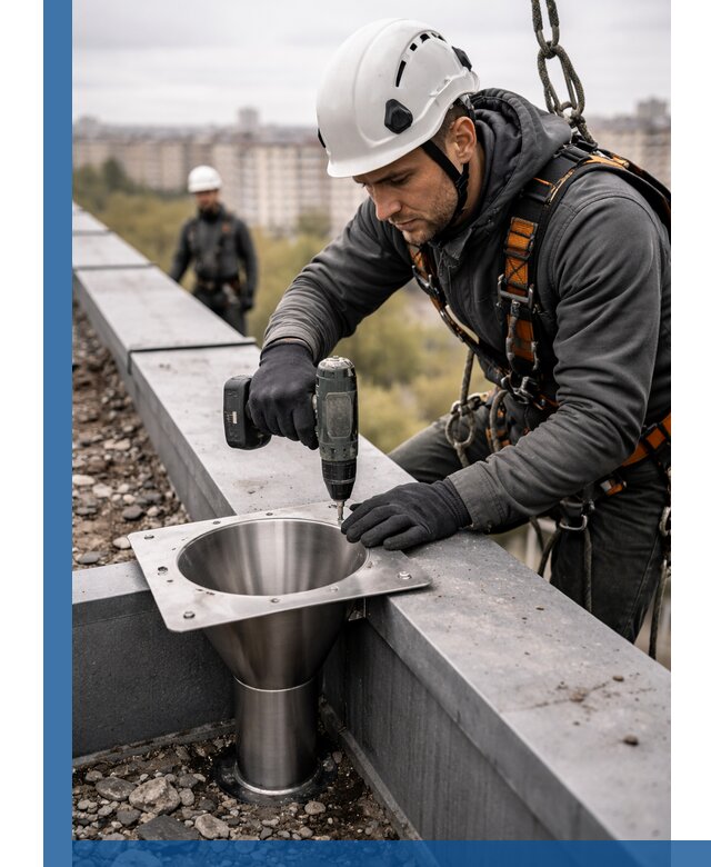 Монтаж водосточных воронок в Минеральных Воде для промышленных зданий