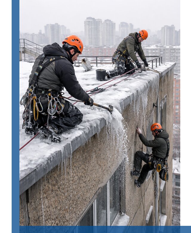 Удаление наледи с кровли в Минеральных Воде промышленными альпинистами