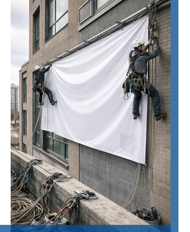 Монтаж баннеров на фасаде в Минеральных Воде от 673 р. заказать ВЫСОТНИК-Мнр