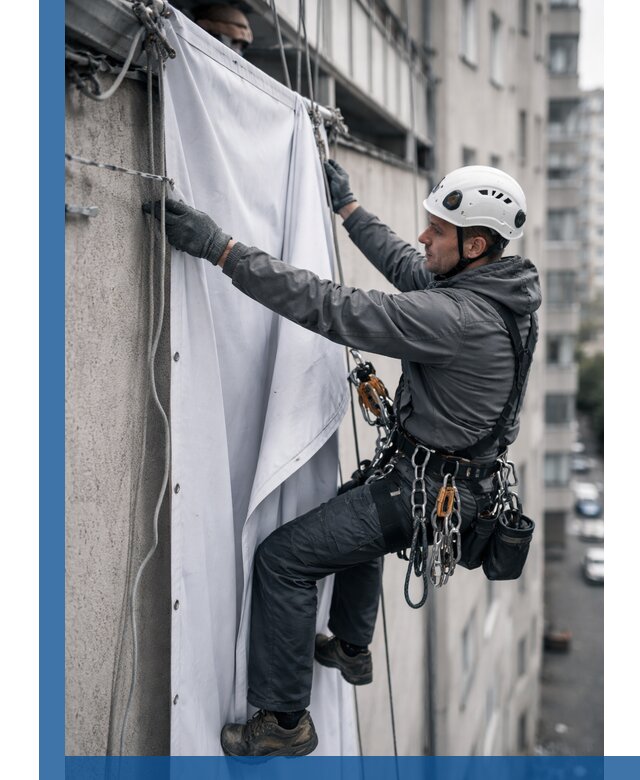 Замена баннерного полотна промышленными альпинистами в Минеральных Воде