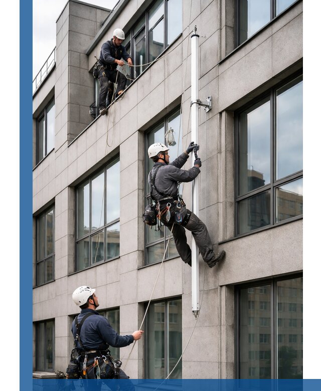 Монтаж флагштока на фасаде здания с креплением и герметикой в Минеральных Воде