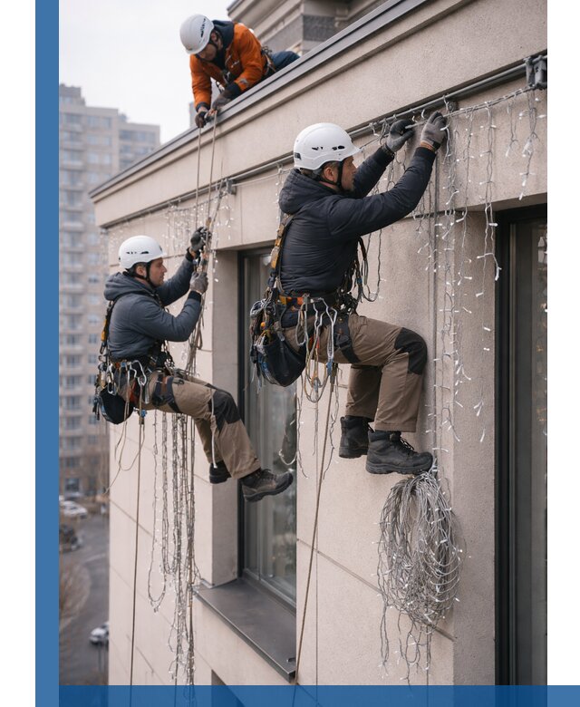 Монтаж праздничных гирлянд на фасаде в Минеральных Воде для зданий