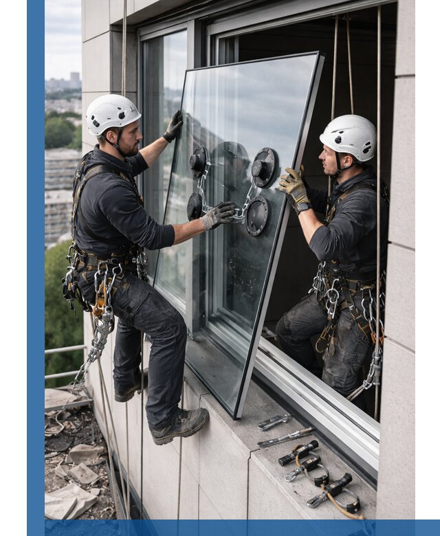 Замена стеклопакетов на высоте с промышленными альпинистами в Минеральных Воде