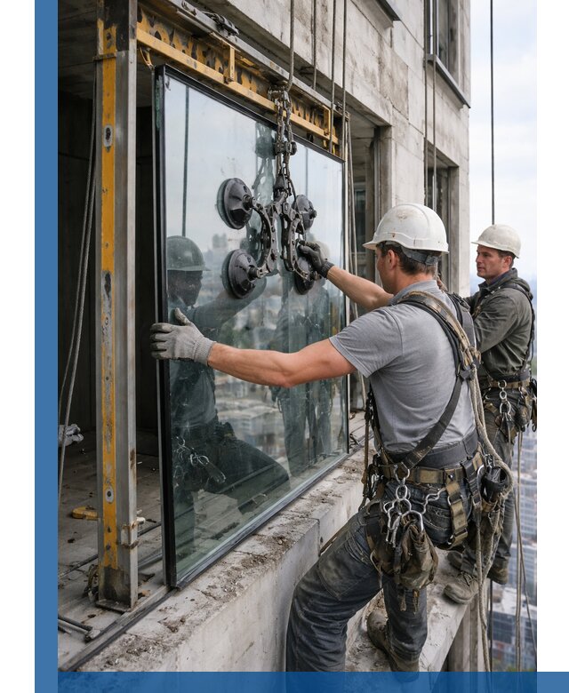Монтаж стеклопакетов на высоте в Минеральных Воде с промышленным альпинизмом