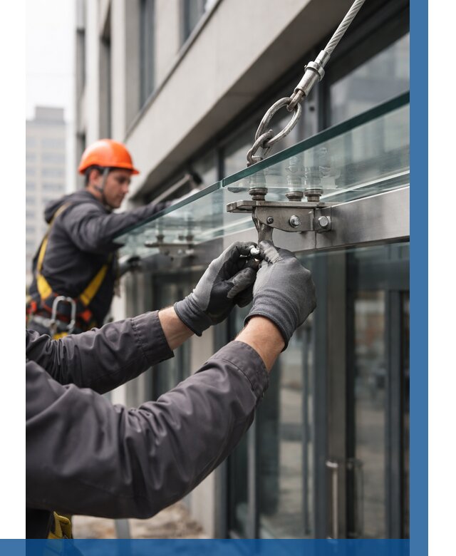 Монтаж стеклянных козырьков в Минеральных Воде от 8804 р. | ВЫСОТНИК-Мнр