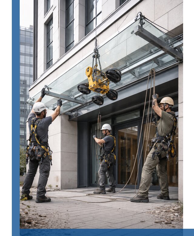 Монтаж стеклянных козырьков под ключ в Минеральных Воде для зданий