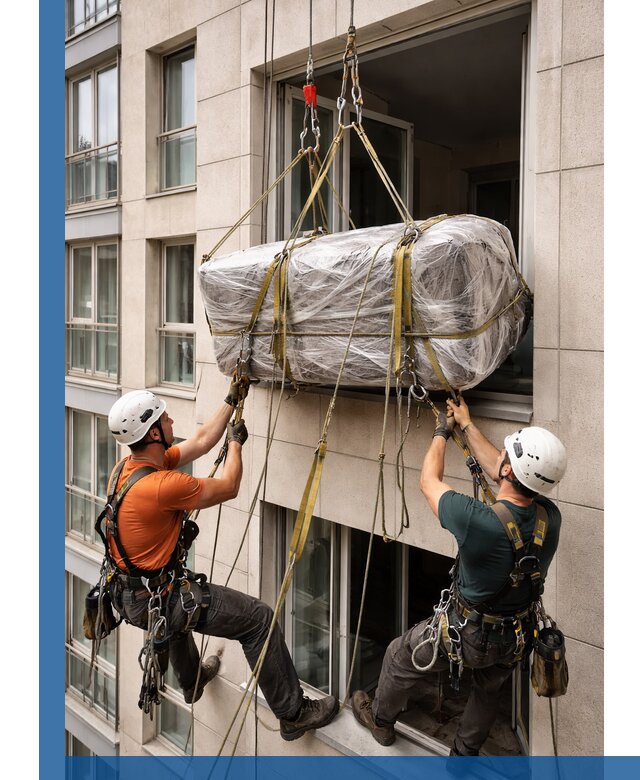 Подъем грузов через окно в Минеральных Воде промышленными альпинистами